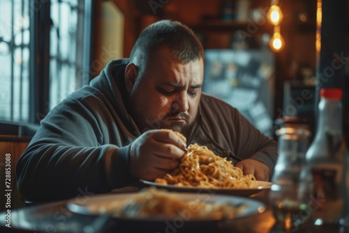 Obese man eating unhealthy fast food