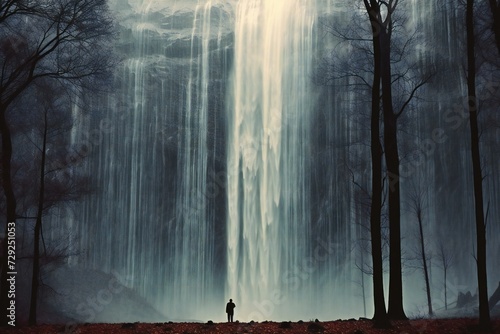 Silhouette of man standing in front of a waterfall in forest