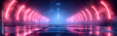 A cyberpunk tunnel bathed in purple neon lights, reflecting on the wet floor. The perspective leads to a bright blue neon light at the end, creating a captivating night scene.