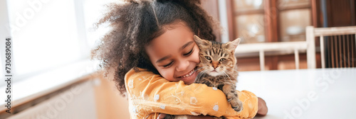 little girl with joyful expression hugging her tabby cat in bright, airy home, tender moment of child ans domestic pets friendship, lovely owner.