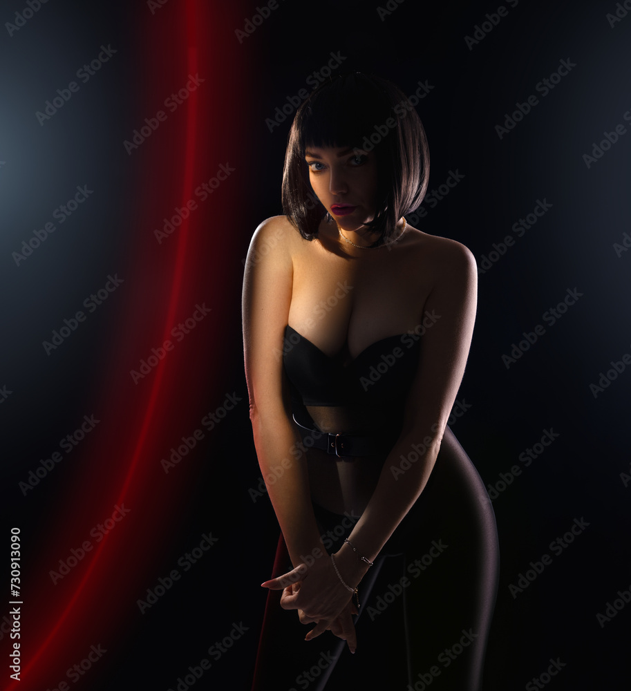 Beautiful Brunette Dancer Girl With A Perfect Figure In Pantyhose And A French Bob Hairstyle On