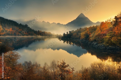 AI generated illustration of a stunning fall landscape featuring a lake with trees