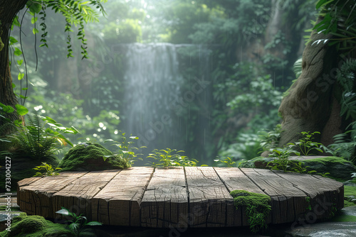 empty brown wooden podium on evergreen rain forest background with large waterfalls behind. Natural water product present placement pedestal counter display, spring summer jungle paradise concept.