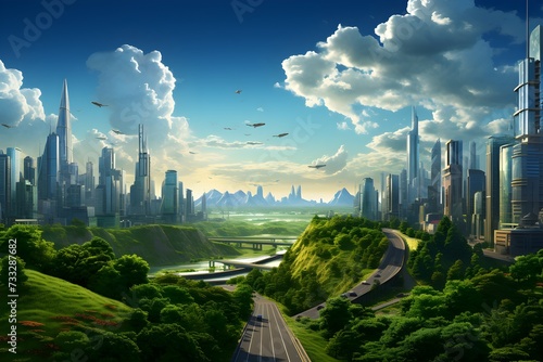 It is a painting that combines a forest and a city with large buildings, which is completely opposite to the green landscaping.