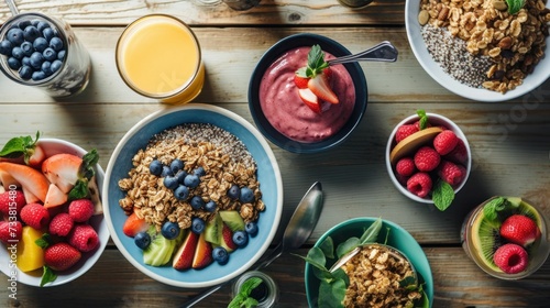 AI generated illustration of a breakfast table with several cereal bowls filled with healthy foods