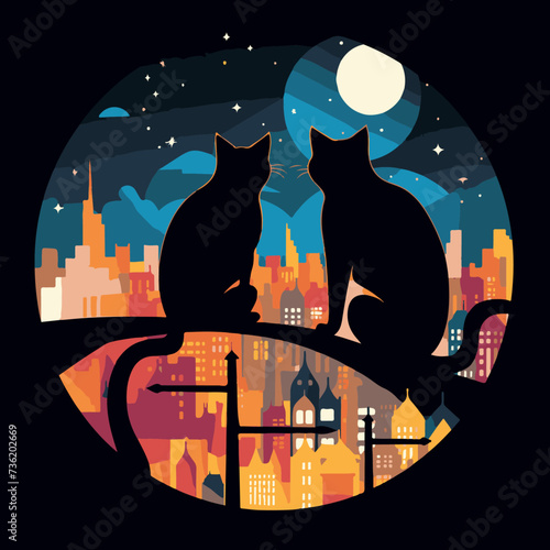  two cats on the bridge over the city at night with full moon, colorful children book illustration