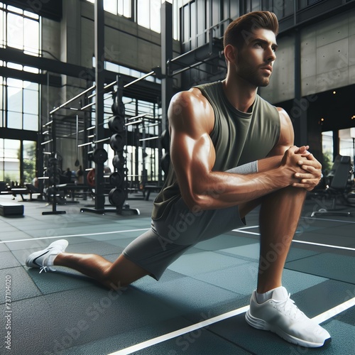  Man, break and stretching on gym floor in fitness, workout or training for strong muscles, heart health or cardio wellness. Japanese personal trainer, sports person or coach in body warmup exercise