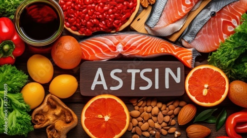 Foods rich in astaxanthin with structural chemical formula of astaxanthin. Natural sources of astaxanthin