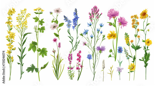 Diverse and varied  Field wild natural flowers isolated and separated on white background. Full plants with flower, leaves and stem. 
