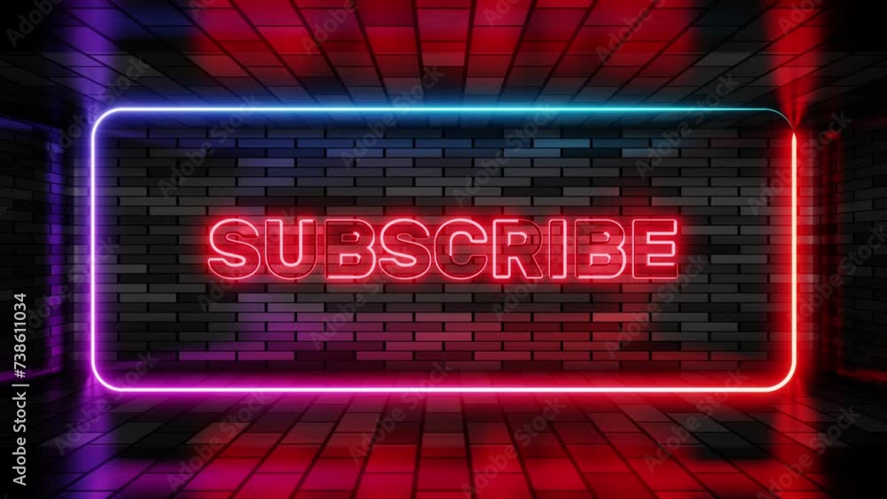 Neon Sign Subscribe In Speech Bubble Frame On Brick Wall Background D