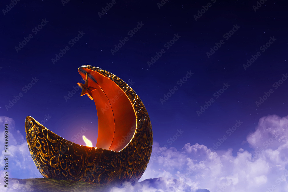 Golden Crescent Moon With Star Lantern On Top Rock Mountain At