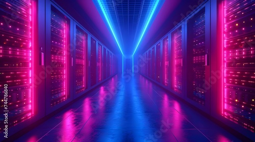 Data Center Server Room. Network Communication, Colorful Neon Server Racks, and Telecommunication Equipment