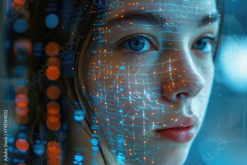 Female face with artificial matrix digital numbers. Ai generative