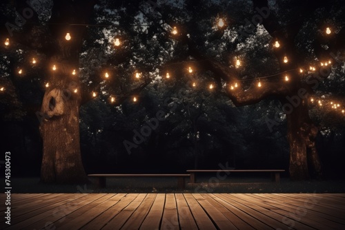 Night garden decor. outdoor string lights on tree, fairy lights, wooden table, bokeh background