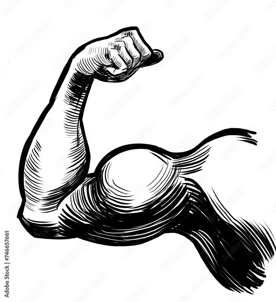 Hand Flexing Biceps Hand Drawn Retro Styled Black And White Drawing