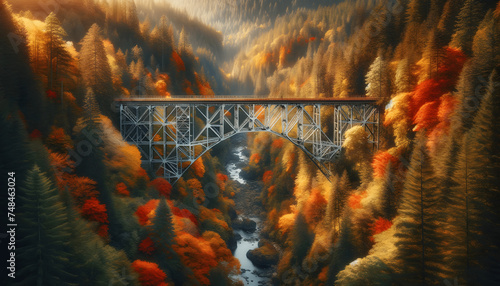 A picturesque autumn scene featuring a vintage steel truss bridge extending over a deep gorge surrounded by a dense forest in full fall foliage