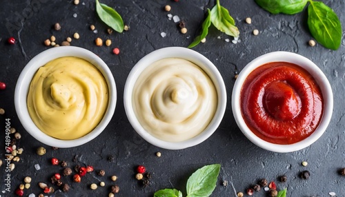 set of three sauces mayonnaise mustard and ketchup in white ceramic bowls on black stone or concrete background selective focus top view