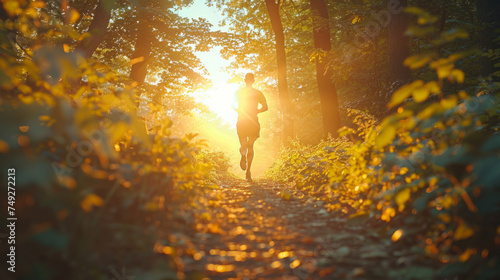 A person jogs on a forest path bathed in the golden light of the setting sun, which filters through the lush foliage to create a warm, serene atmosphere.
