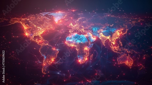 A representation of the world map, illuminated by lights and connections that could represent populated areas or global connectivity. Global connection concept.
