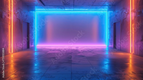 A futuristic corridor with neon lights and a mysterious atmosphere
