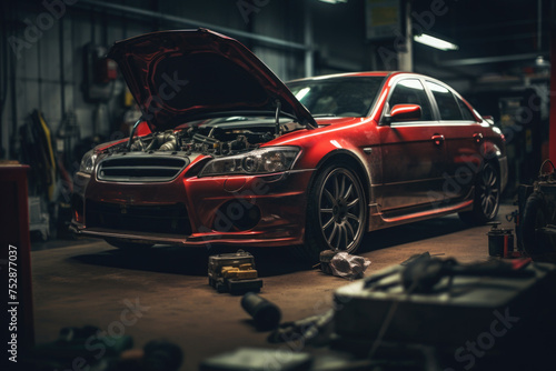 Red car with the hood open in a dimly lit garage, surrounded by tools and car parts. Car maintenance in auto repair shop