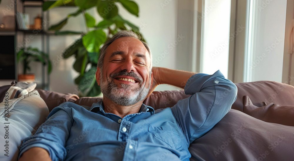 Smiling Caucasian Mature Middle Aged Man Relaxing Resting On The Couch