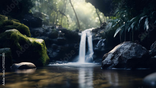 Waterfall in tropical forest. Generative AI.