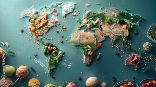 Global Culinary Fusion Vibrant World Map Crafted from Food Ingredients