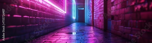 Neon lights reflecting on wet cobblestone in a narrow alleyway at night