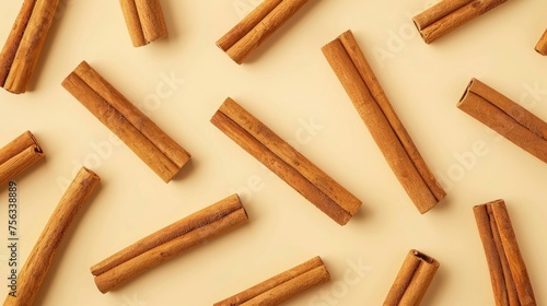 Realistic cinnamon sticks apart from each other photo pattern, flat color background, isometric, view from top, bird eye view, professional studio shoot