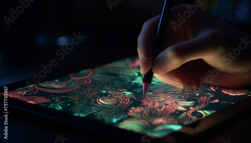 One person hand painting colorful abstract design 