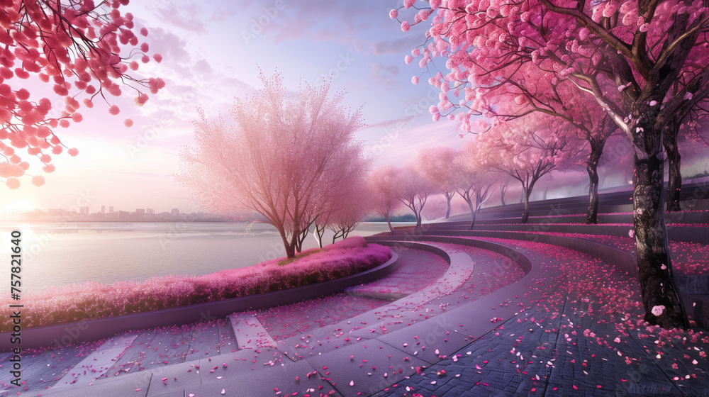 Blooming Vibrant Pink Sakura Trees In A Garden Park Spring Time