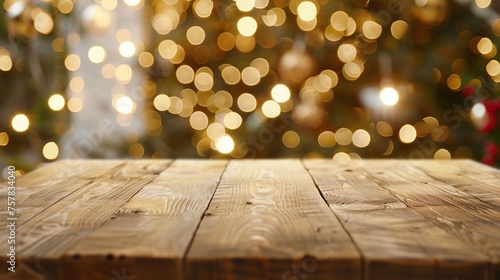 Empty wooden table top with defocused bokeh Christmas Fair lights background. Template for product display
