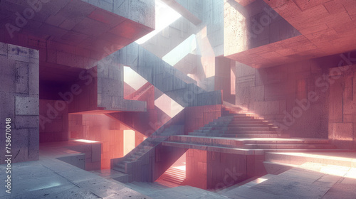 Abstract architectural render of a futuristic structure with multiple staircases intersecting in a geometric pattern, illuminated by soft natural light filtering through openings.