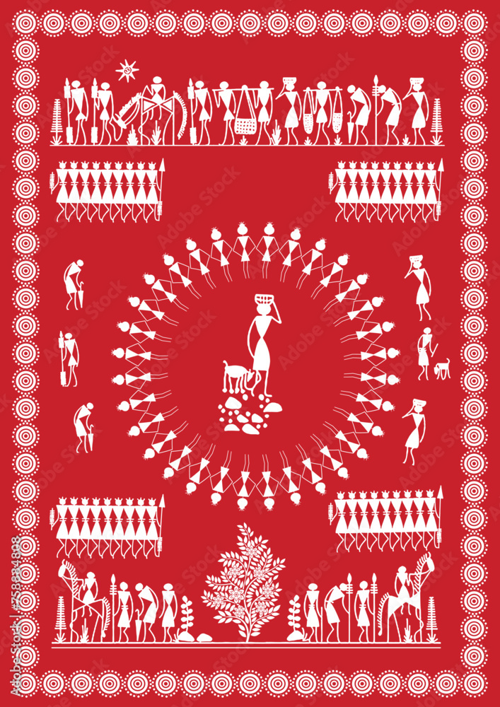 Threads Of Tradition A Vibrant Warli Tapestry Of Indian Village Life