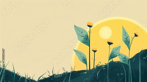 Obraz przedstawia pole z bujną trawą i zakwitającymi słonecznikami, które są jeszcze zamknięte. W tle abstrakcyjne słońce. Minimalistyczna scena z miejscem na tekst.
