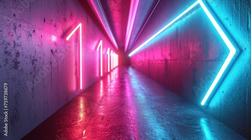 Dynamic angular neon lights lead the eye through an abstract corridor, evoking a sense of motion and direction
