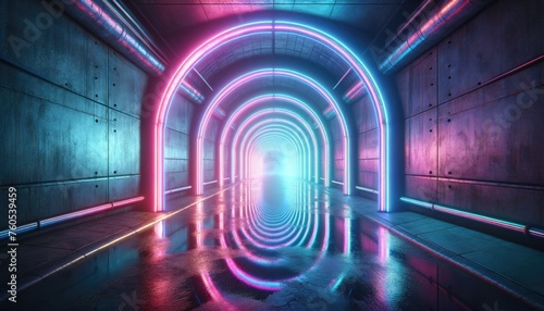 Vibrant and colorful neon lit tunnel creating a futuristic and surreal visual experience with reflections on the floor.