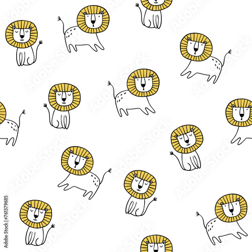 Vector seamless pattern with cute cartoon lion  in Scandinavian style. Hand draw cute animals in sketch style. Doodle style line art. Jungle animals. Cute baby background.