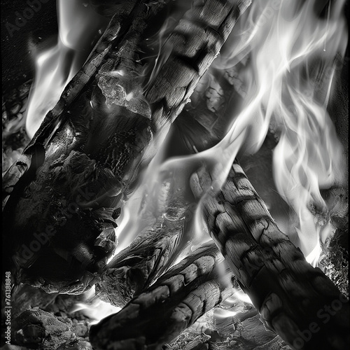 black and white photo wood flames