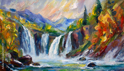 Impressionistic painting of waterfalls in nature