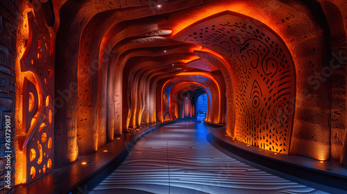 Illuminated Futuristic Tunnel Interior with Orange and Blue Lighting
