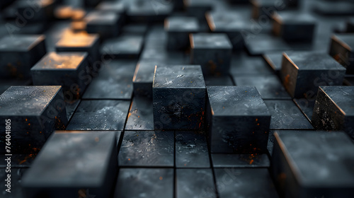 Photo manipulation with focus on depth and texture showing cubes with golden illumination