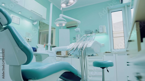 An empty, high-tech dental operatory with modern equipment and a serene atmosphere