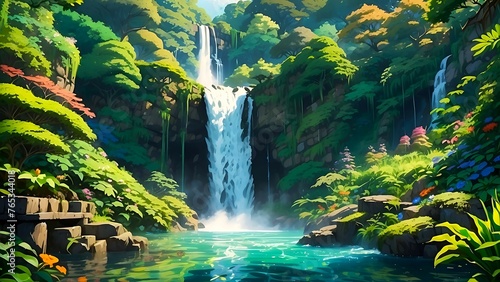illustration of forest with waterfall background, Nature background