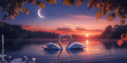 Couple of white swans swimming on the lake at sunset with crescent moon