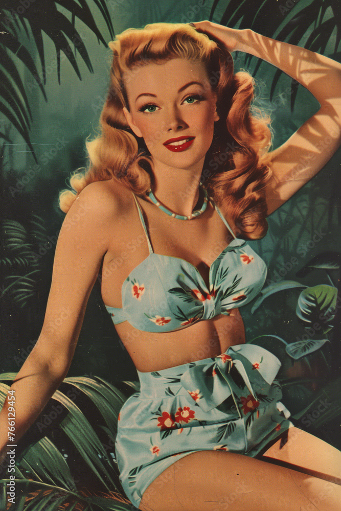 Vintage Painting Of Pinup Model Posing In Blue Bikini In Tropical Jungle With Palm Fronds Stock