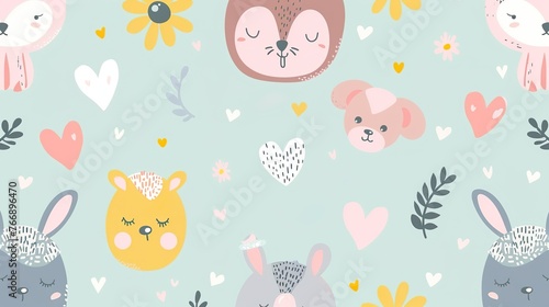 A sweet cartoon pastel background with adorable animals and hearts