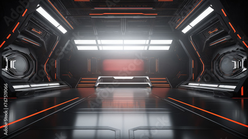 Minimalist sci-fi corridor with red accents - Stark, minimalist corridor in a sci-fi setting with striking red lighting accents