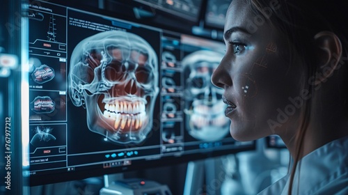 a futuristic dental analysis scene of multiple holographic displays reveal various angles and cross-sections of a patient's dental structure.